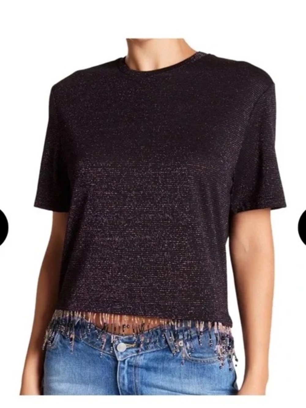 NWOT OPENING CEREMONY Women’s Black Sparkle Short Sleeve Beaded Fringe Hem Top